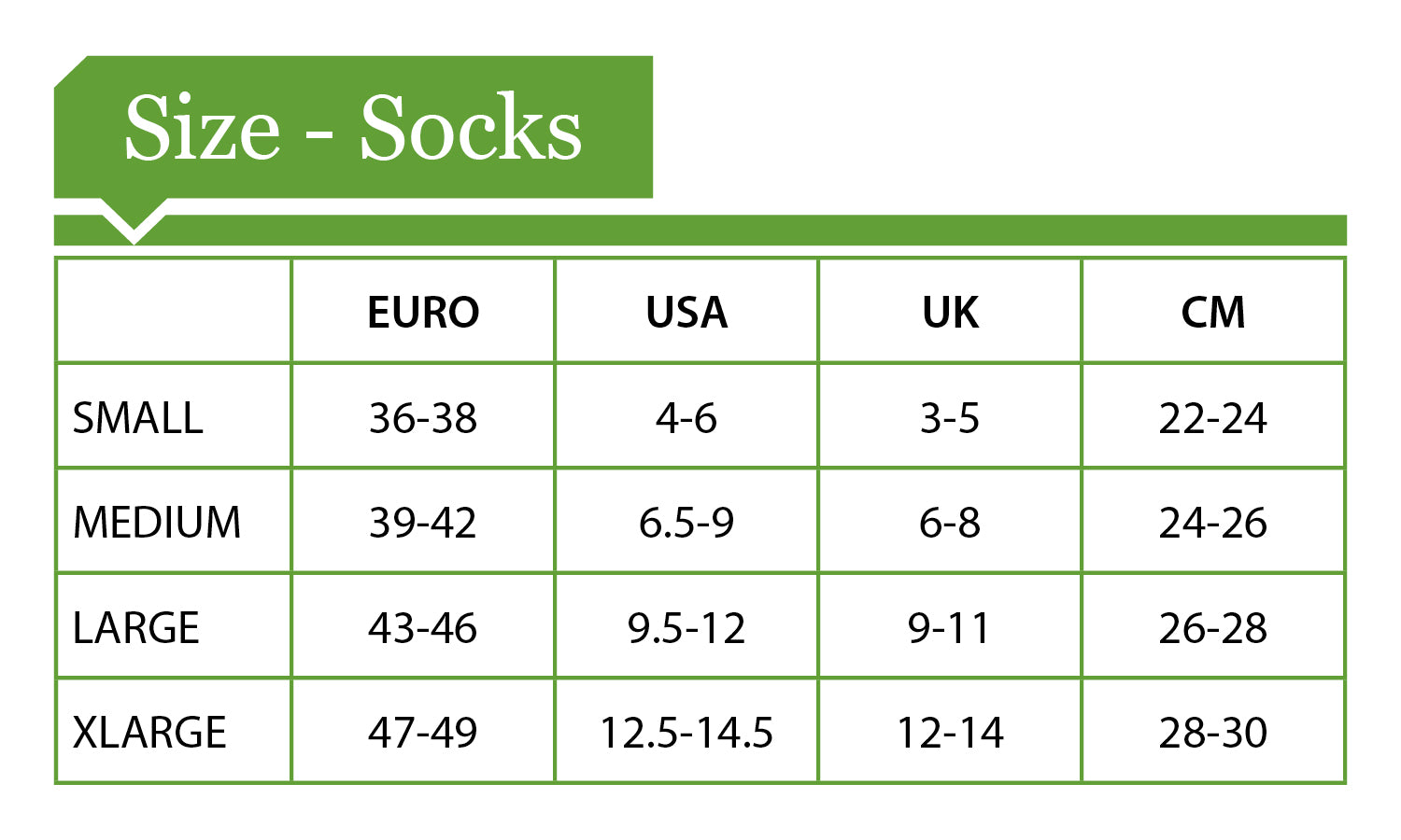 Pike Trail Waterproof Socks Size Chart: Small to XLarge. Euro 36-38/4-6US/3-5UK/22-24cm up to 47-49/12.5-14.5US/12-14UK/28-30cm. Blister protection included. Stay Dry, Stay Moving with Pike Trail.
