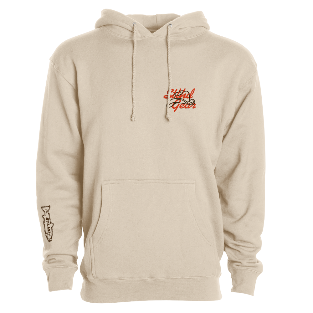 Beige hoodie with a STLHD GEAR logo on the chest and sleeve against a white background