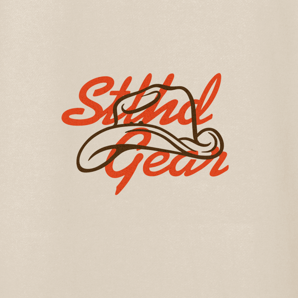 Logo with a hat and text 'Stlhd Gear' and a cowboy hat on a beige background