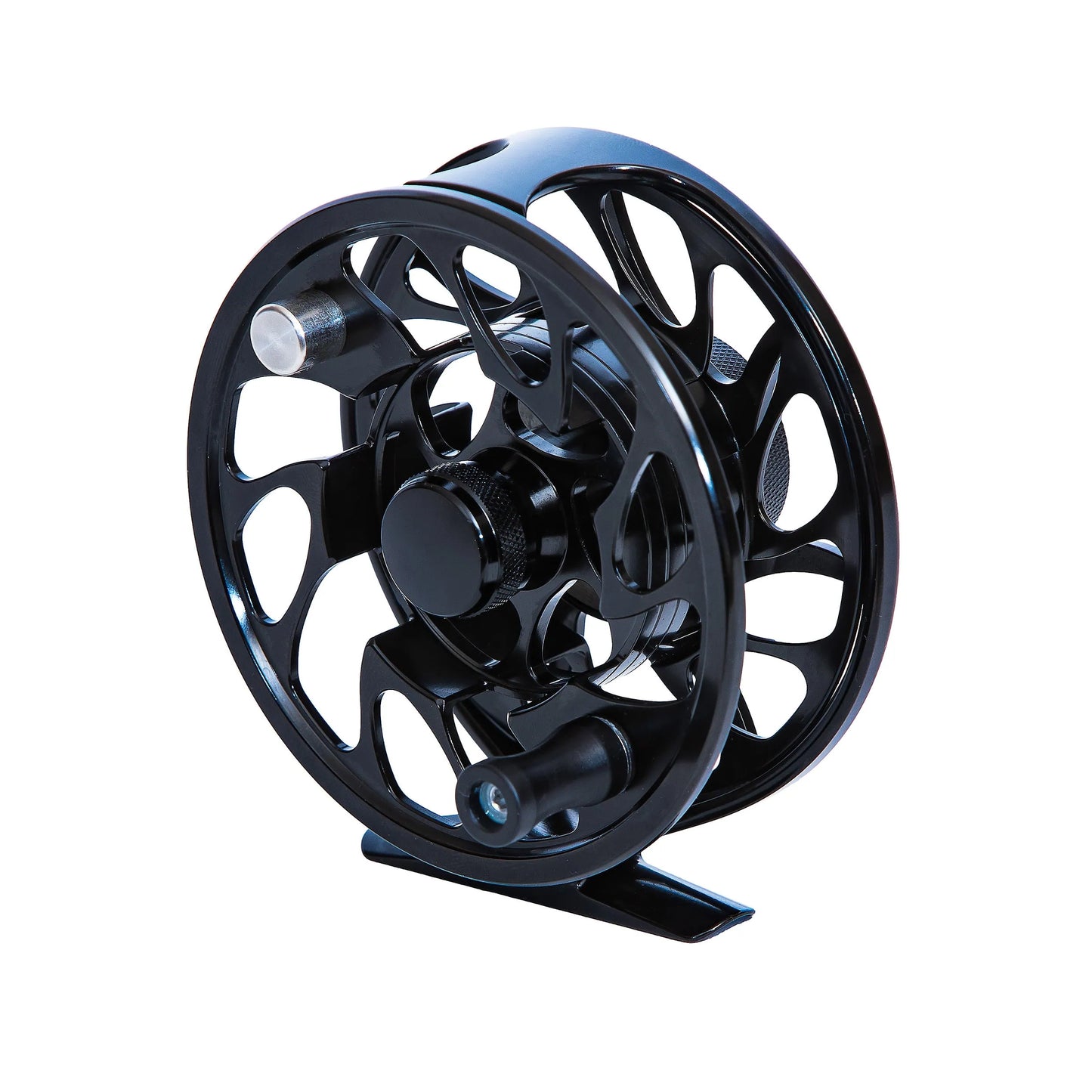 A black Yellowstone Grizzly Fly Reel with Sealed Drag by Jackson Hole Fly Company, featuring a modern open-frame metal design and glossy finish, is displayed against a plain white background.