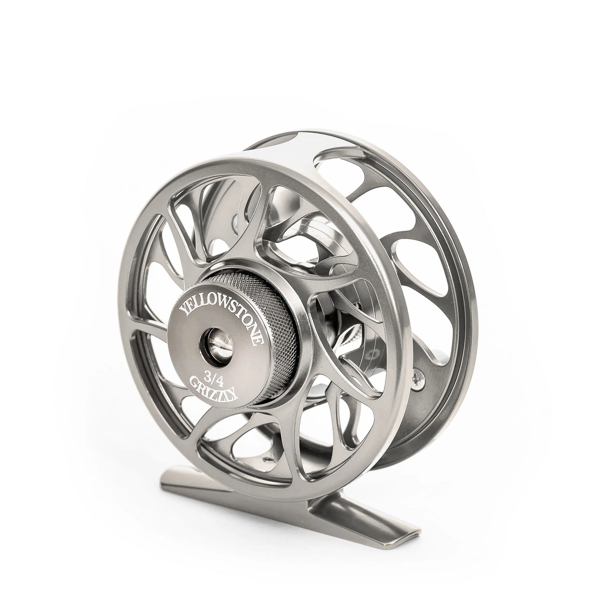 The Jackson Hole Fly Company Yellowstone Grizzly Fly Reel with Sealed Drag (Multiple Sizes & Colors) is displayed on a white background, featuring a modern, open-frame design crafted from CNC-machined aluminum.