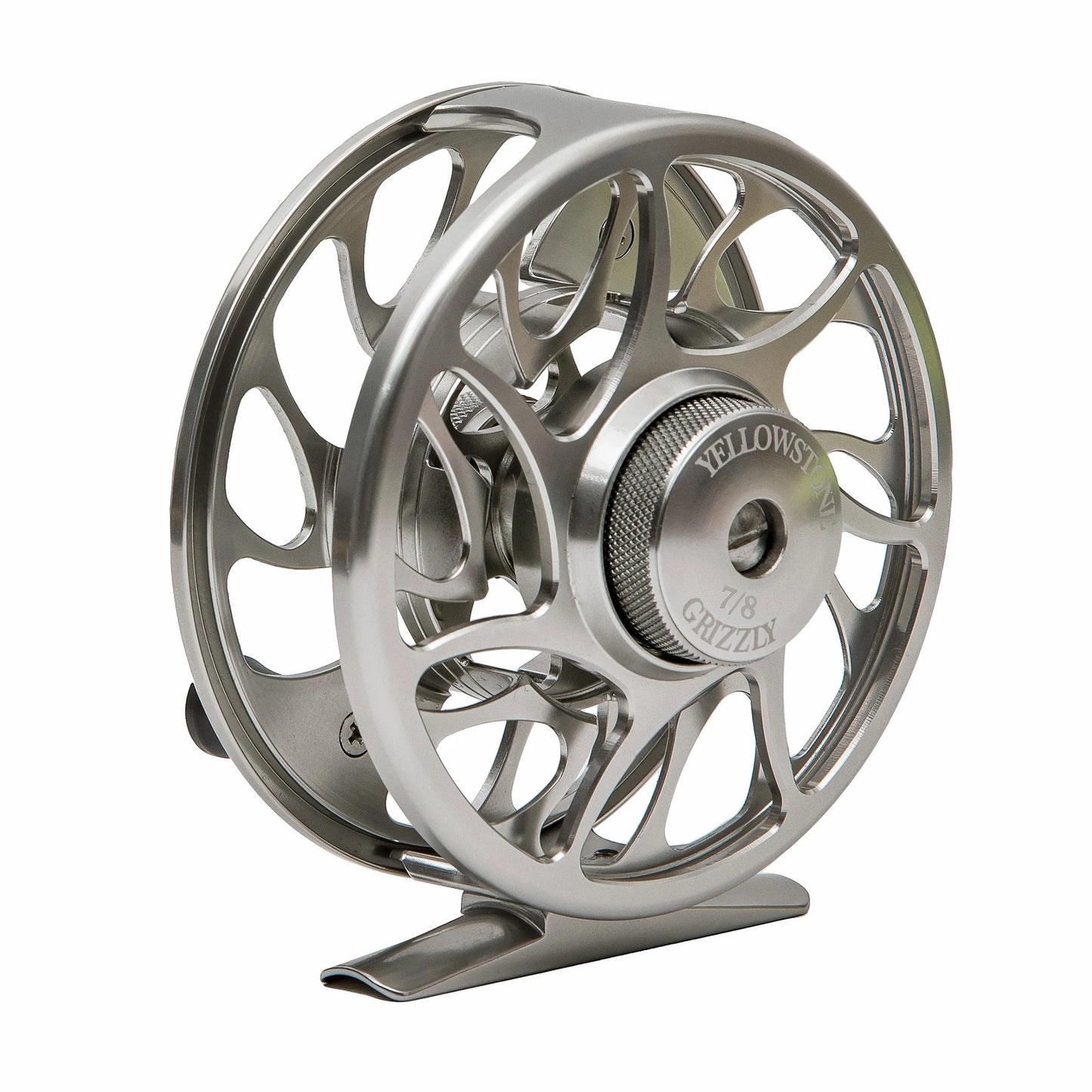The Jackson Hole Fly Company Yellowstone Grizzly Fly Reel with Sealed Drag features a CNC-machined aluminum, lightweight open design, and Yellowstone Grizzly Fly Reel 7/8 engraved on the center knob.