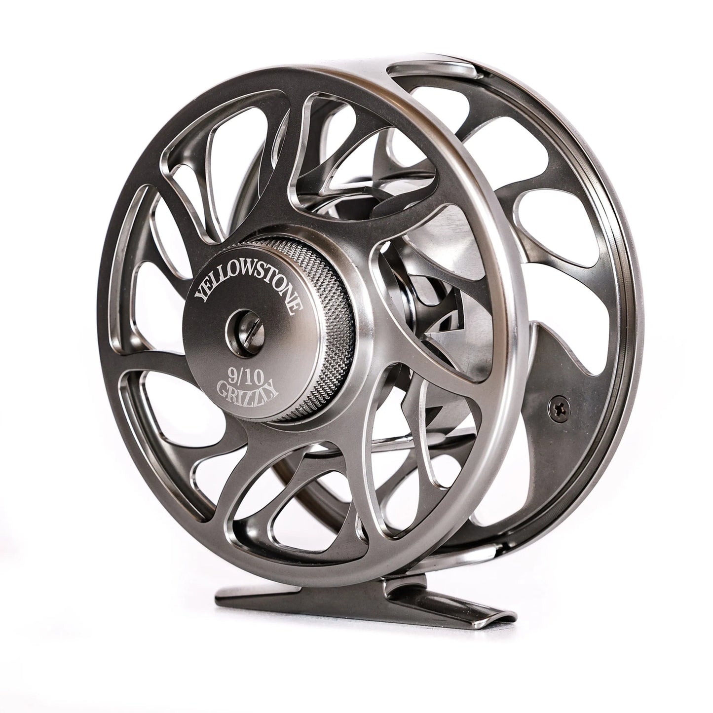 The Jackson Hole Fly Company Yellowstone Grizzly Fly Reel with Sealed Drag (shown in silver, 9/10) features CNC-machined aluminum, an open modern design, and is photographed against a white background.