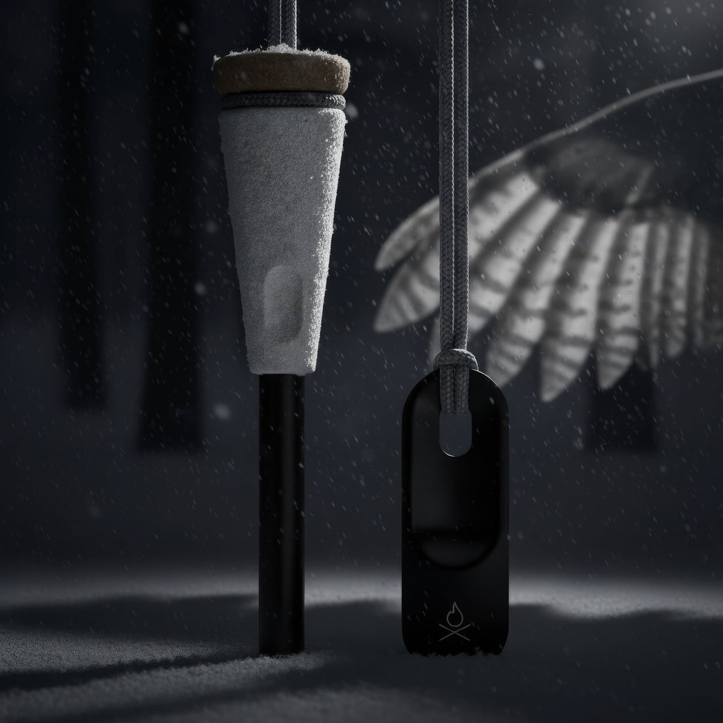 A close-up of the Überleben Zünden PRO Modern Flint & Steel Fire Starter by Überleben, with its wool sheath and black metal striker hanging in a snowy, dark forest, snowflakes falling and a feathered wing in the background.