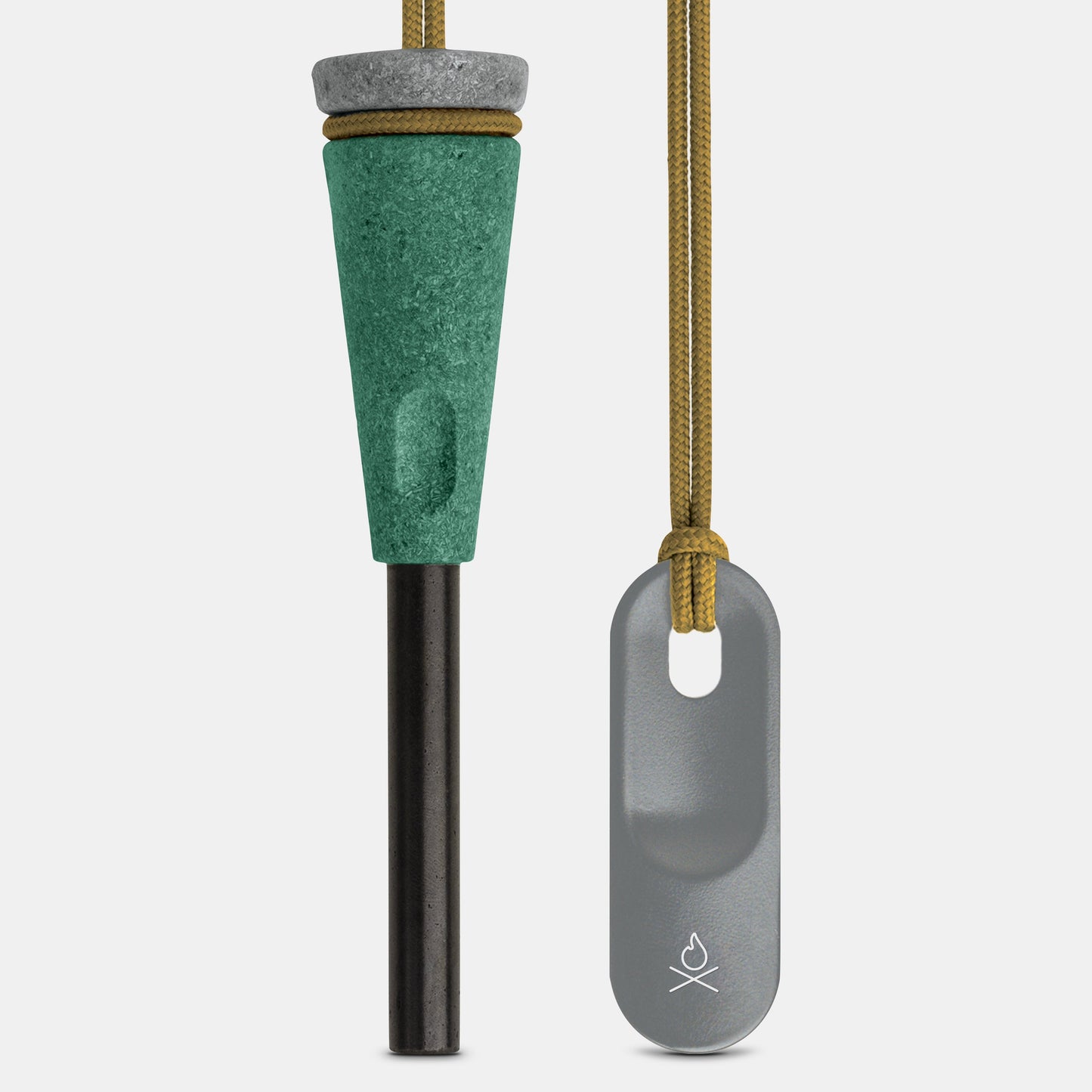 The Überleben Zünden PRO Modern Flint & Steel Fire Starter by Überleben features a green and gray wood-composite handle with cord, shown beside a gray metal striker with looped cord and engraved logo, displayed on a white background.