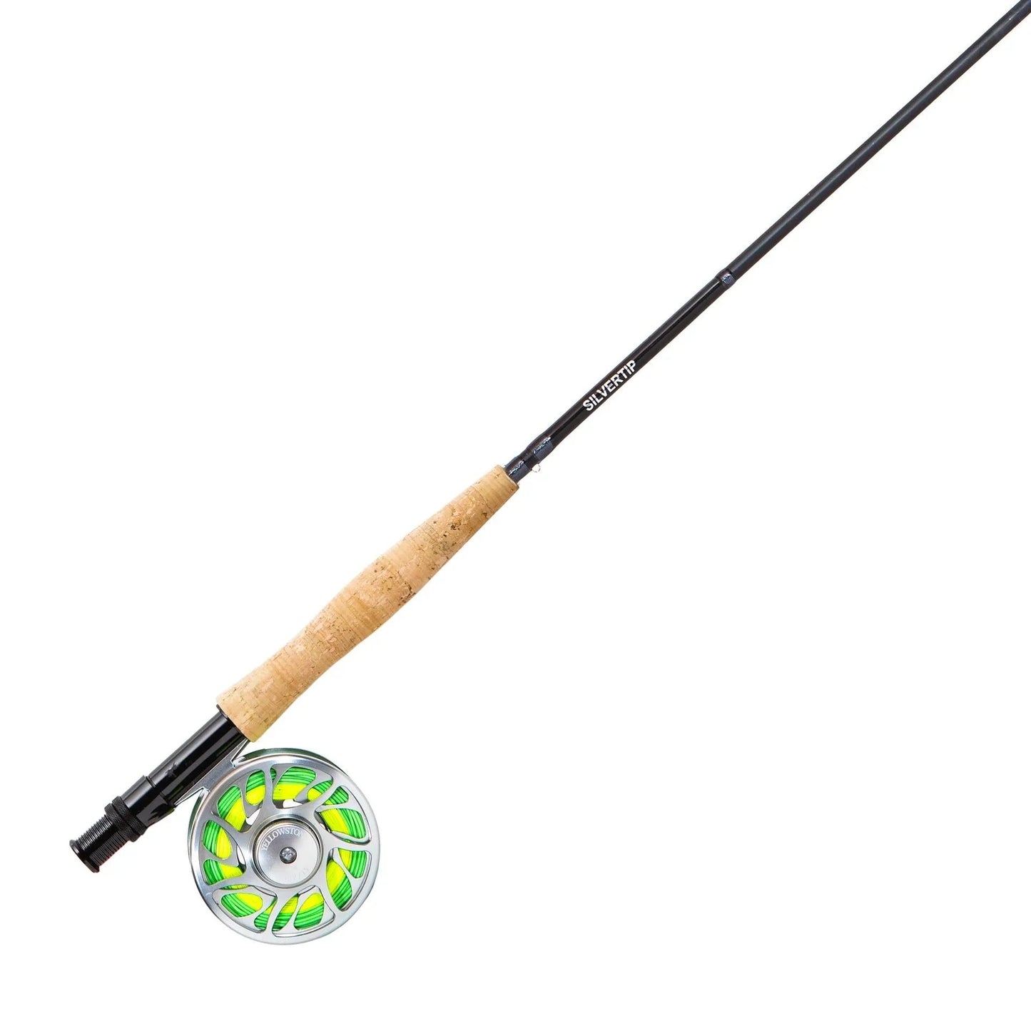 The Jackson Hole Fly Company Bass Smasher Rod Combo Kit – 86 6WT features a cork handle and silver reel with bright green line, shown against a white background.