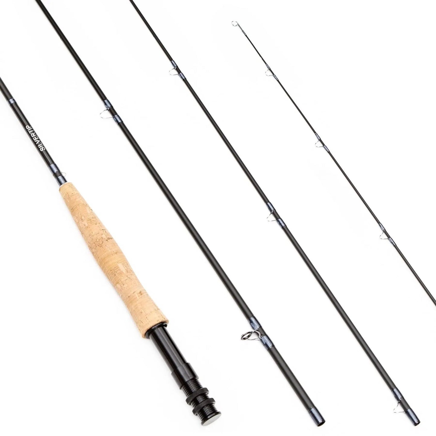 The Jackson Hole Fly Company Bass Smasher Rod Combo Kit – 86 6WT is shown disassembled into four sections with a cork handle, each piece arranged diagonally on a white background.