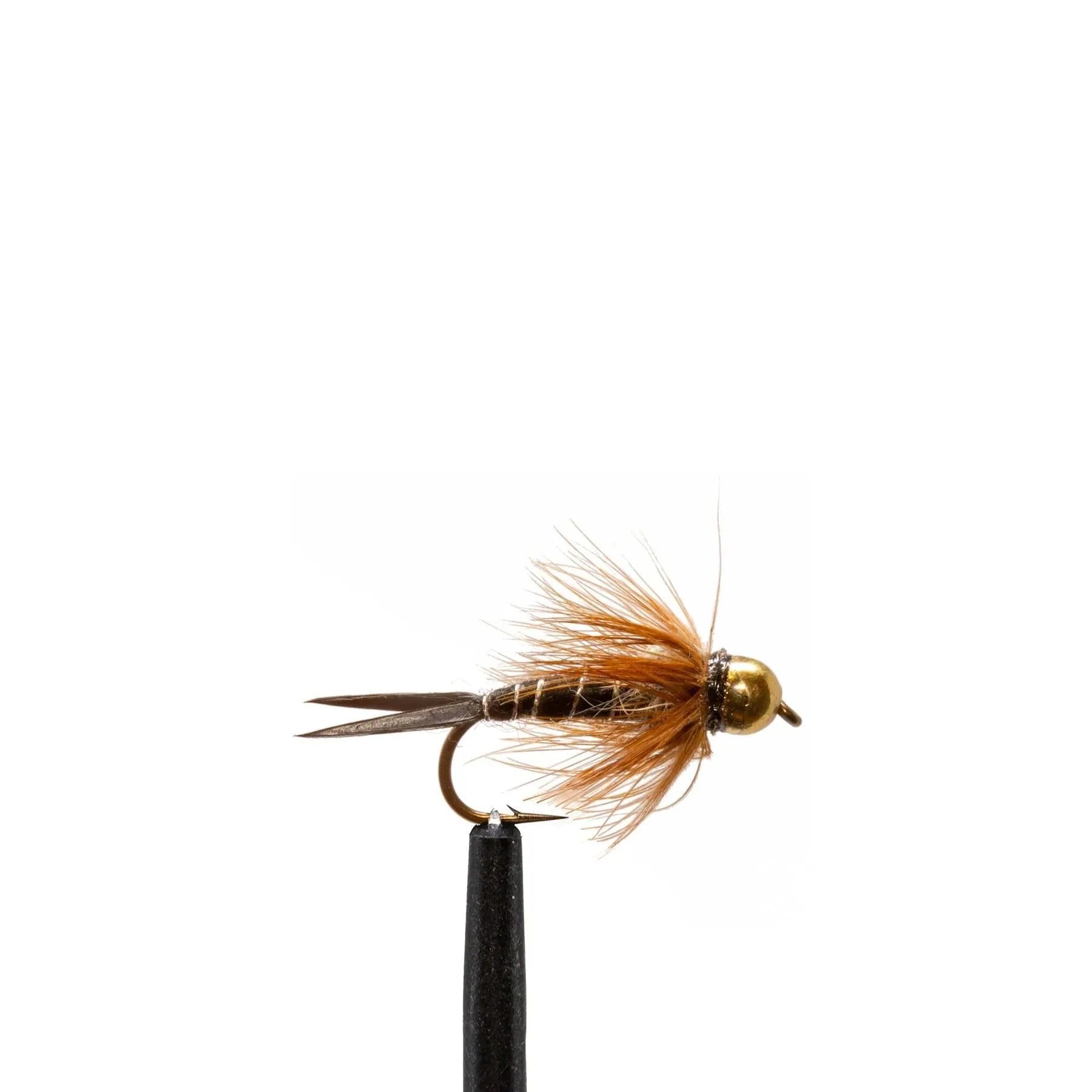 A close-up of a Jackson Hole Fly Company steelhead fly from the JHFLYCO Steelhead Fly Box – 24-Piece Spey Fishing Fly Collection, featuring a gold bead head, brown body, and dark tail, displayed on a black stand against a white background.