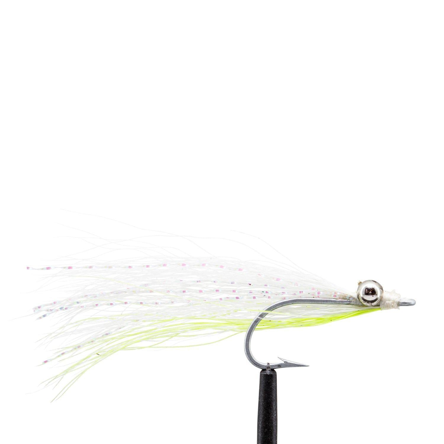 A close-up of the JHFLYCO Bonefish Fly Box by Jackson Hole Fly Company shows an artificial bonefish fly with a metal hook, white and pale green fibers, and a silver bead head—precision-ready for saltwater fly fishing on a plain white background.