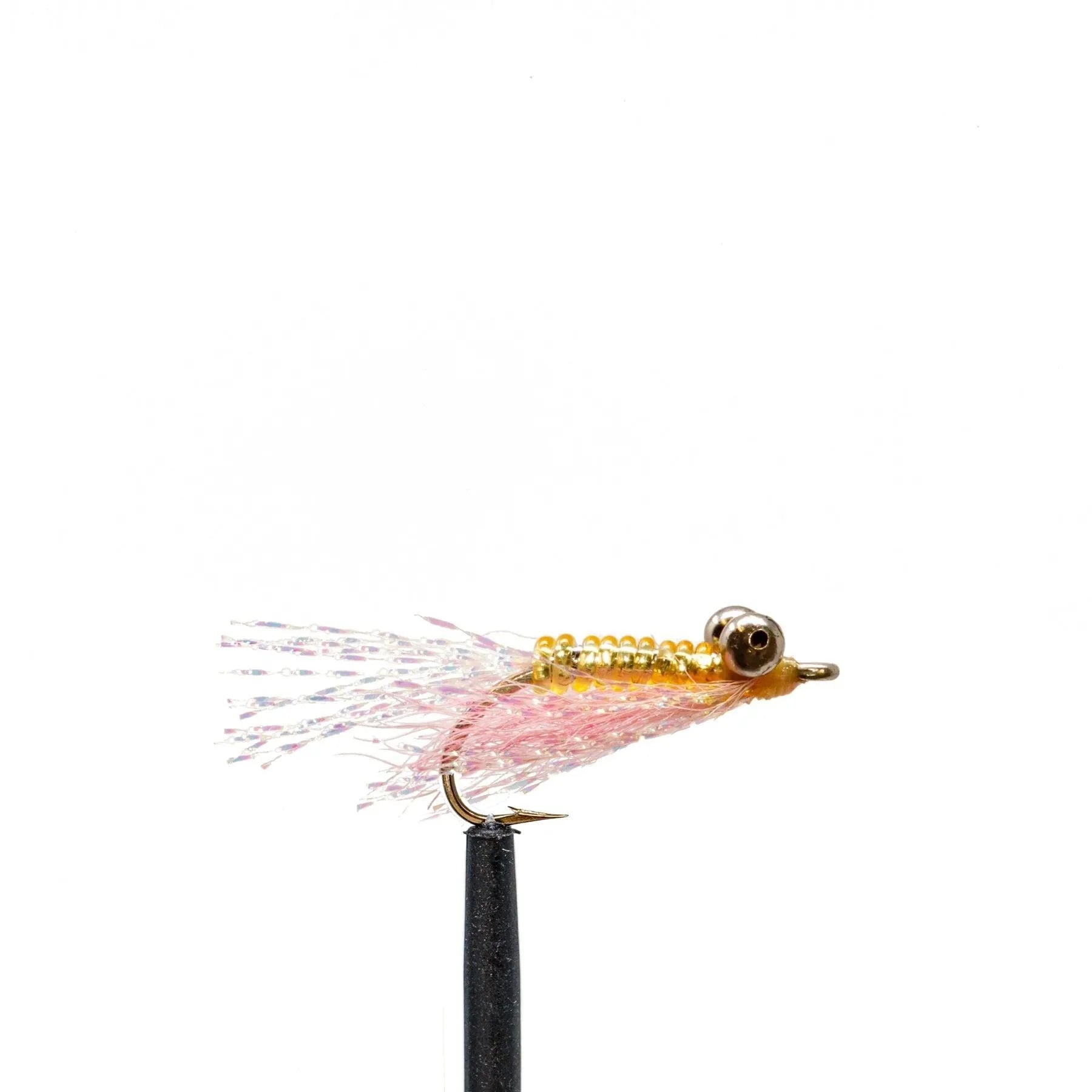 A close-up of a JHFLYCO Bonefish Fly from Jackson Hole Fly Company, designed for saltwater fly fishing, featuring a gold bead head, pink and translucent fibers, and a metal hook against a white background.