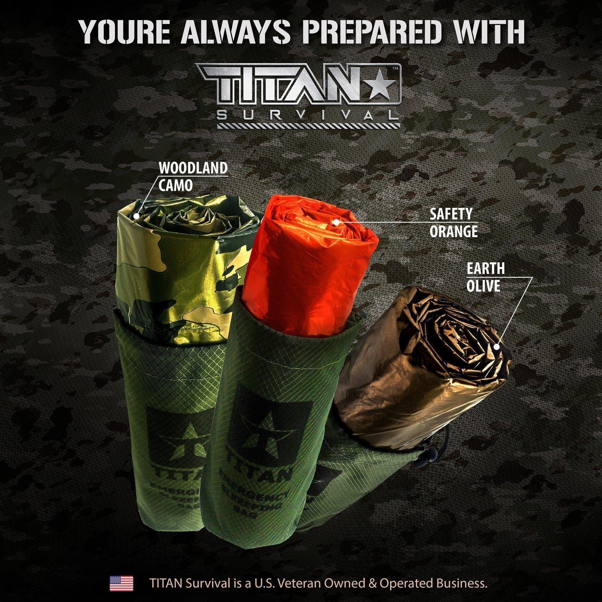 Three TITAN Survival Extra-Thick Emergency Survival Sleeping Bags are displayed in woodland camo, safety orange, and earth olive on a camouflage background, each with labeled text identifying its color.