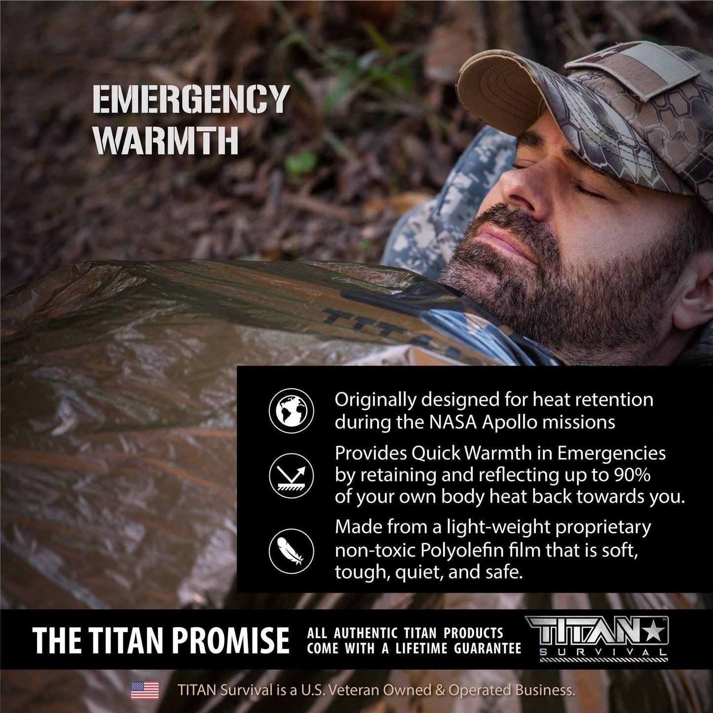 A man outdoors lies wrapped in the TITAN Extra-Thick Emergency Survival Sleeping Bag by TITAN Survival, showcasing its survival insulation, rapid warmth, tough film material, and TITAN Survival’s lifetime guarantee.