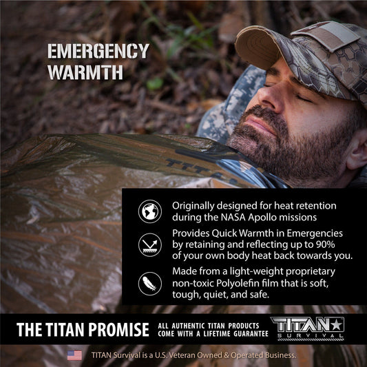 A man outdoors lies wrapped in the TITAN Extra-Thick Emergency Survival Sleeping Bag by TITAN Survival, showcasing its survival insulation, rapid warmth, tough film material, and TITAN Survival’s lifetime guarantee.