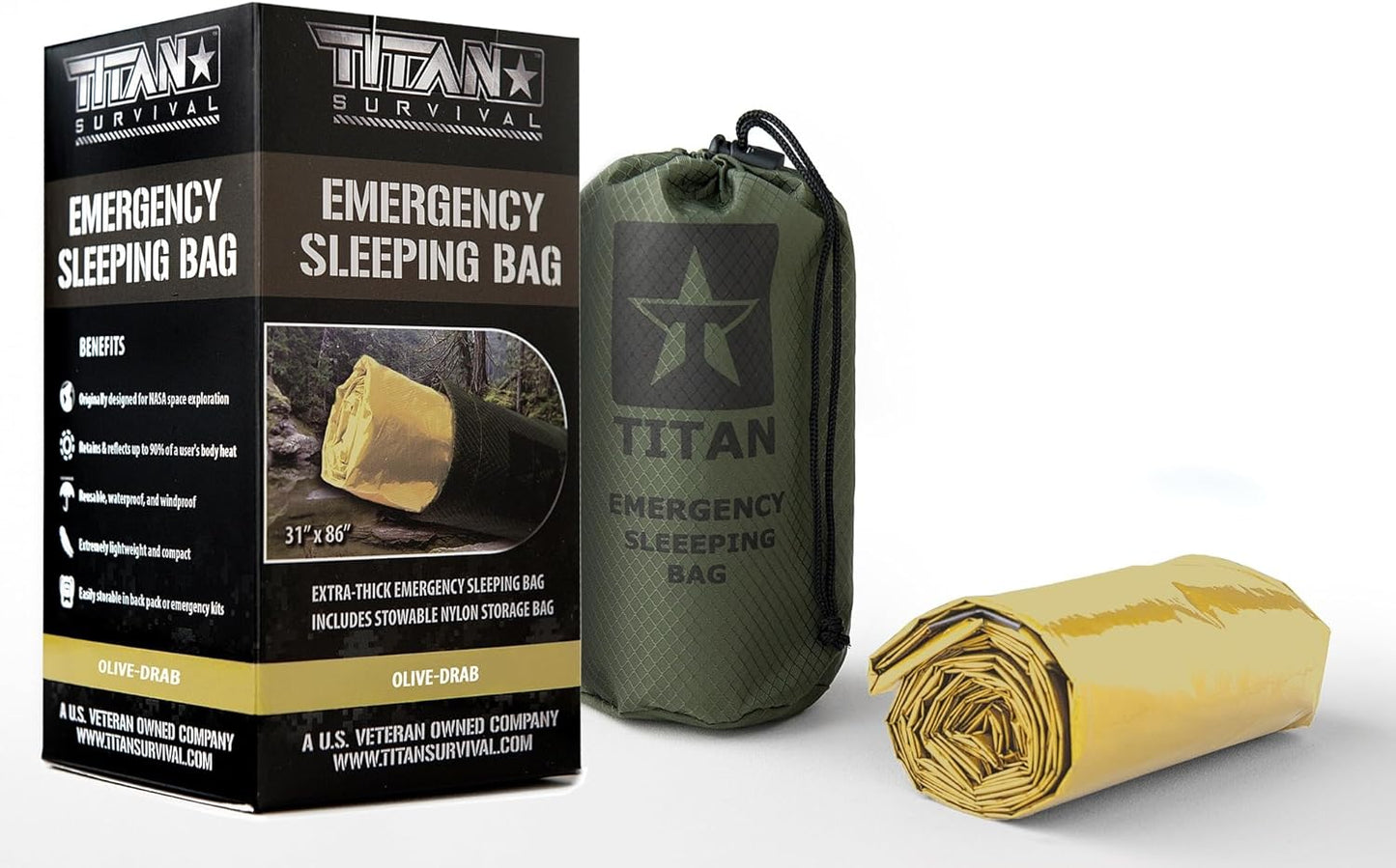 A TITAN Survival Extra-Thick Emergency Survival Sleeping Bag is displayed boxed, in an olive-drab sack, and fully unrolled with a gold reflective exterior. Packaging highlights the sleeping bag’s survival insulation features and benefits.