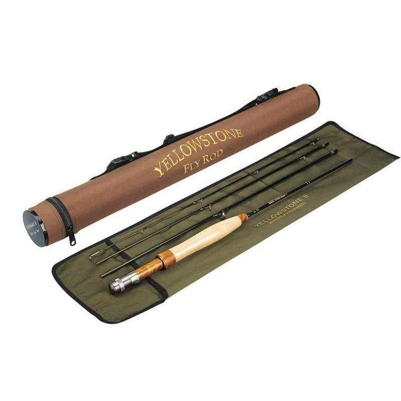 The Fall Creek Rod Combo Kit – 70 4WT by Jackson Hole Fly Company is a lightweight, four-piece fly rod with a light wooden handle and metal reel seat, shown on a green pouch beside its branded brown carrying case.