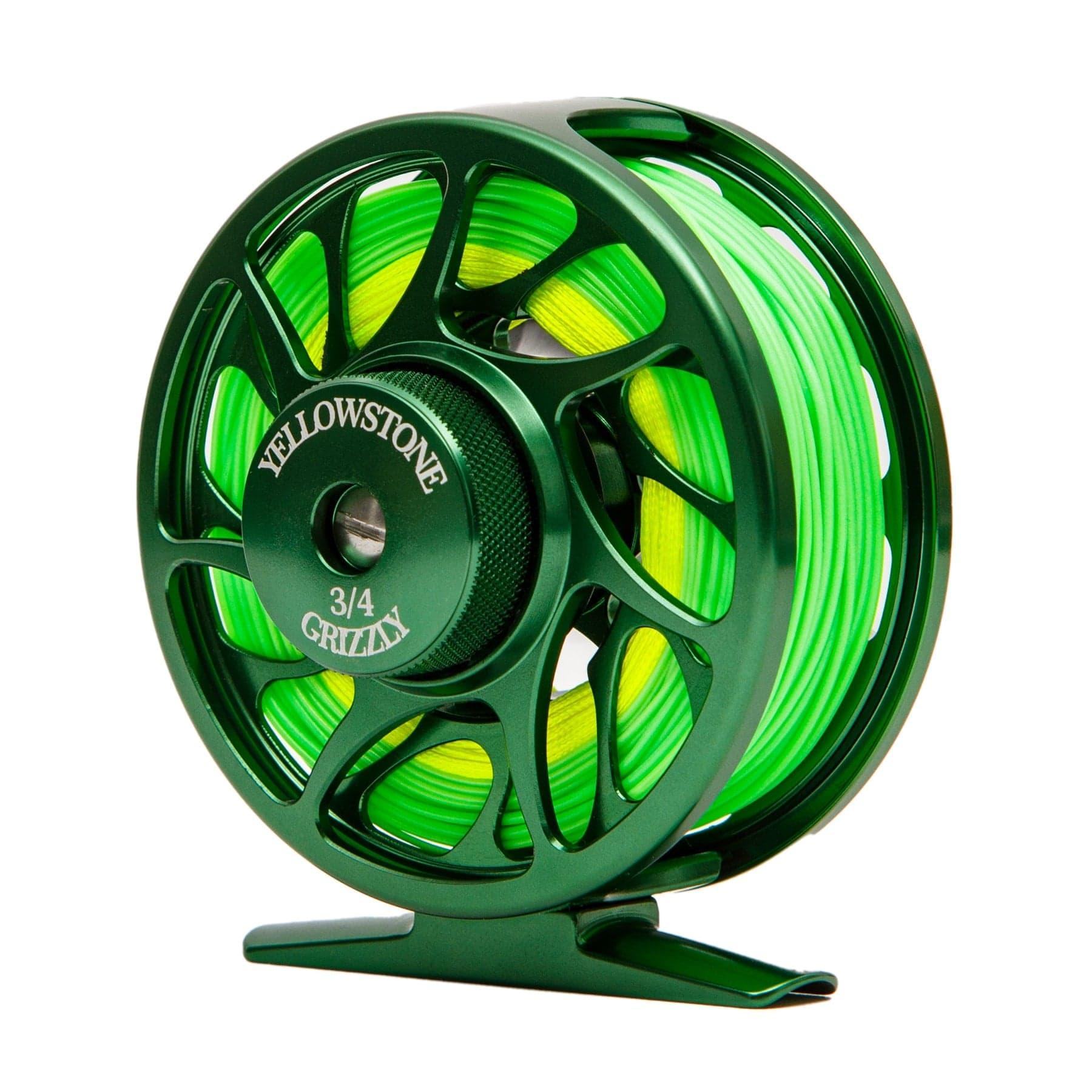 The Jackson Hole Fly Company Fall Creek Rod Combo Kit – 70 4WT features a green reel with bright green and yellow fishing line, perfect for backcountry fly fishing, shown against a white background.