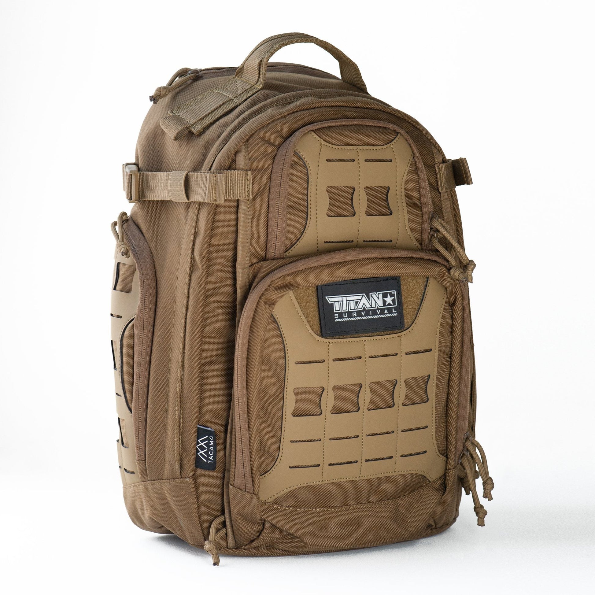 The TITAN Survival TACAMO GH35 35L Tactical Backpack, designed for 24-hour use, features multiple compartments, MOLLE webbing, side straps, and a Titan Survival patch on the front, shown against a plain white background.