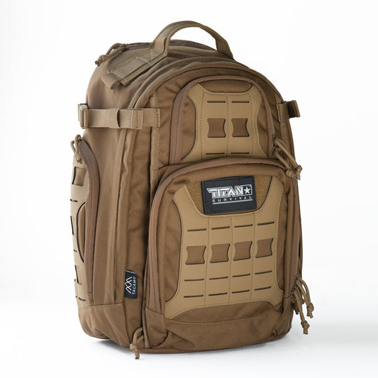The TITAN Survival TACAMO GH35 35L Tactical Backpack, designed for 24-hour use, features multiple compartments, MOLLE webbing, side straps, and a Titan Survival patch on the front, shown against a plain white background.