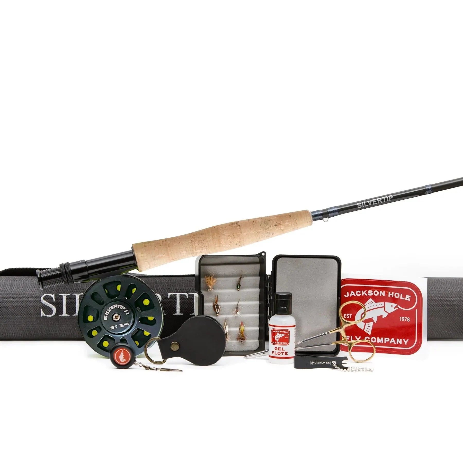 The Jackson Hole Fly Company Granite Creek Fly Fishing Combo Kit – 70 4WT Beginner Setup includes a rod, reel, fly box with assorted flies, nippers, line cleaner, floatant, hemostat, leader, and a red case—all on a white background.