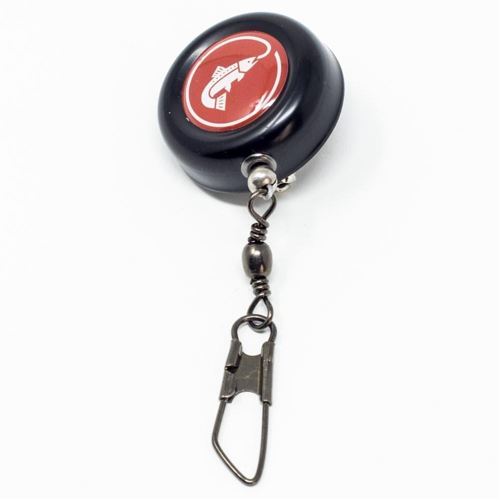 The Jackson Hole Fly Company’s black retractable badge reel features a red logo with a white fish and hook, and easily clips to your Granite Creek Fly Fishing Combo Kit – 70 4WT Beginner Setup using its metal swivel clasp.