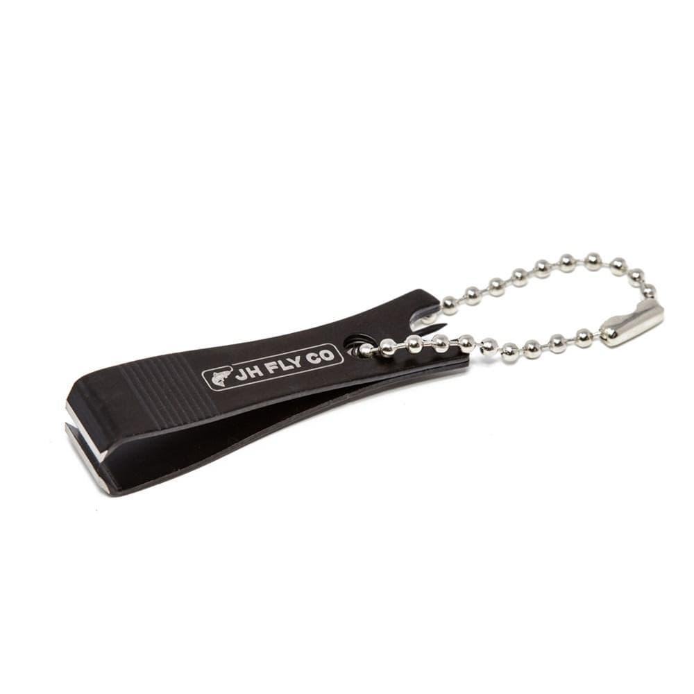 A black metal nail clipper with a small chain, featuring JH FLY CO and a fish logo on the handle—an ideal accessory for the Jackson Hole Fly Company Granite Creek Fly Fishing Combo Kit – 70 4WT Beginner Setup.