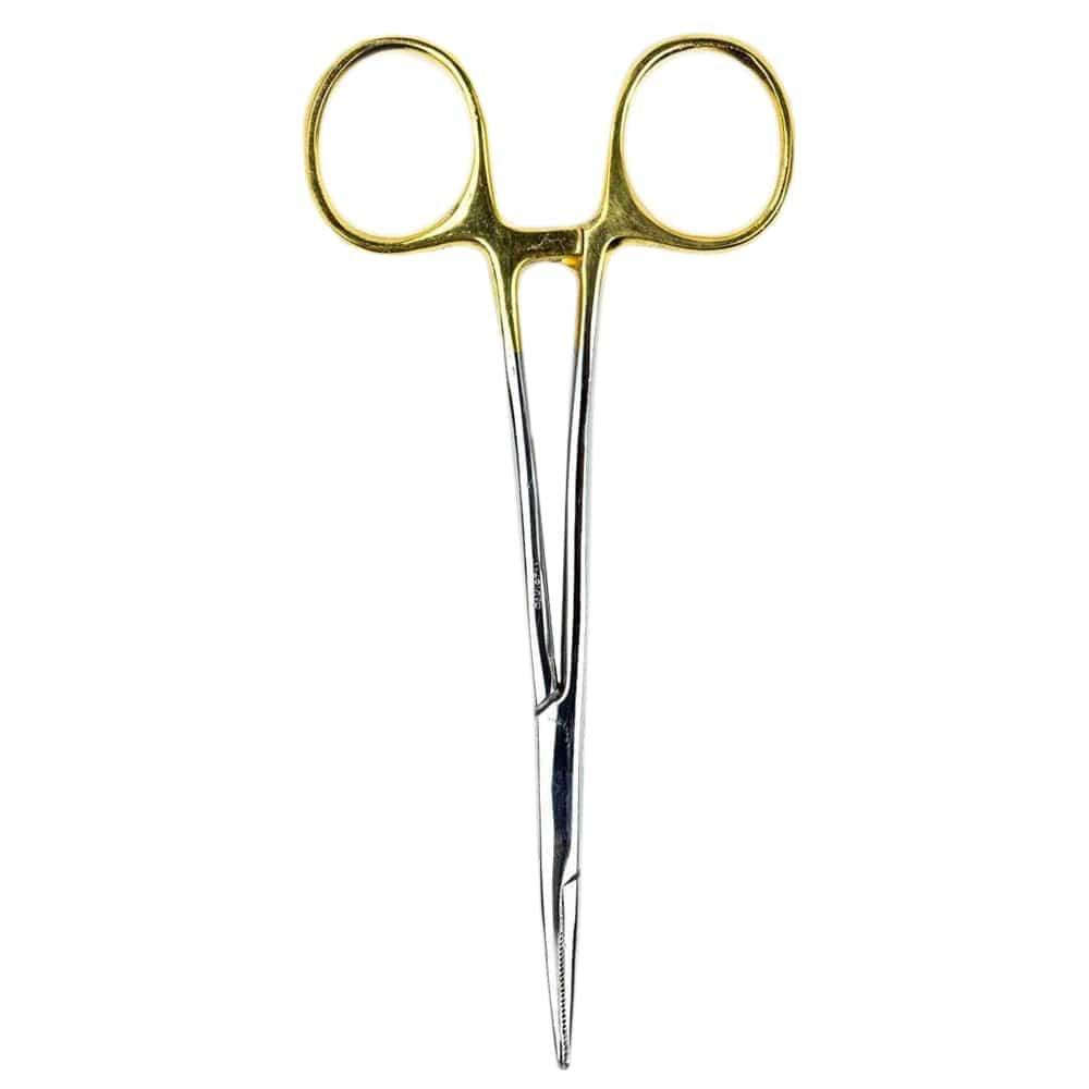 A pair of hemostat forceps with gold finger rings and a silver, straight, narrow, serrated tip—an essential tool shown with the Jackson Hole Fly Company Granite Creek Fly Fishing Combo Kit – 70 4WT Beginner Setup.
