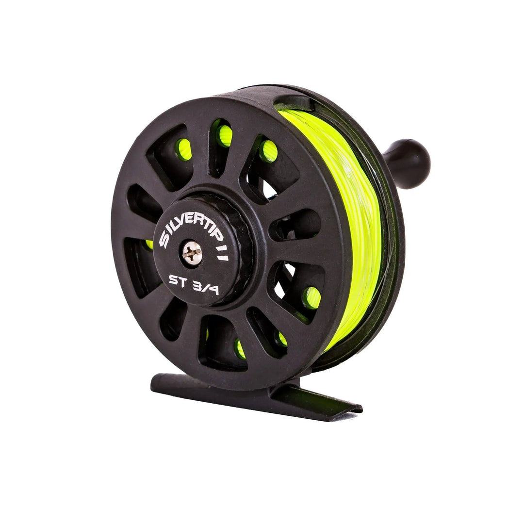 The Jackson Hole Fly Company Granite Creek Fly Fishing Combo Kit (70 4WT) features a black Silvertip ST 3/4 reel with bright yellow line—ideal for any beginner fly fishing starter setup, shown against a white background.