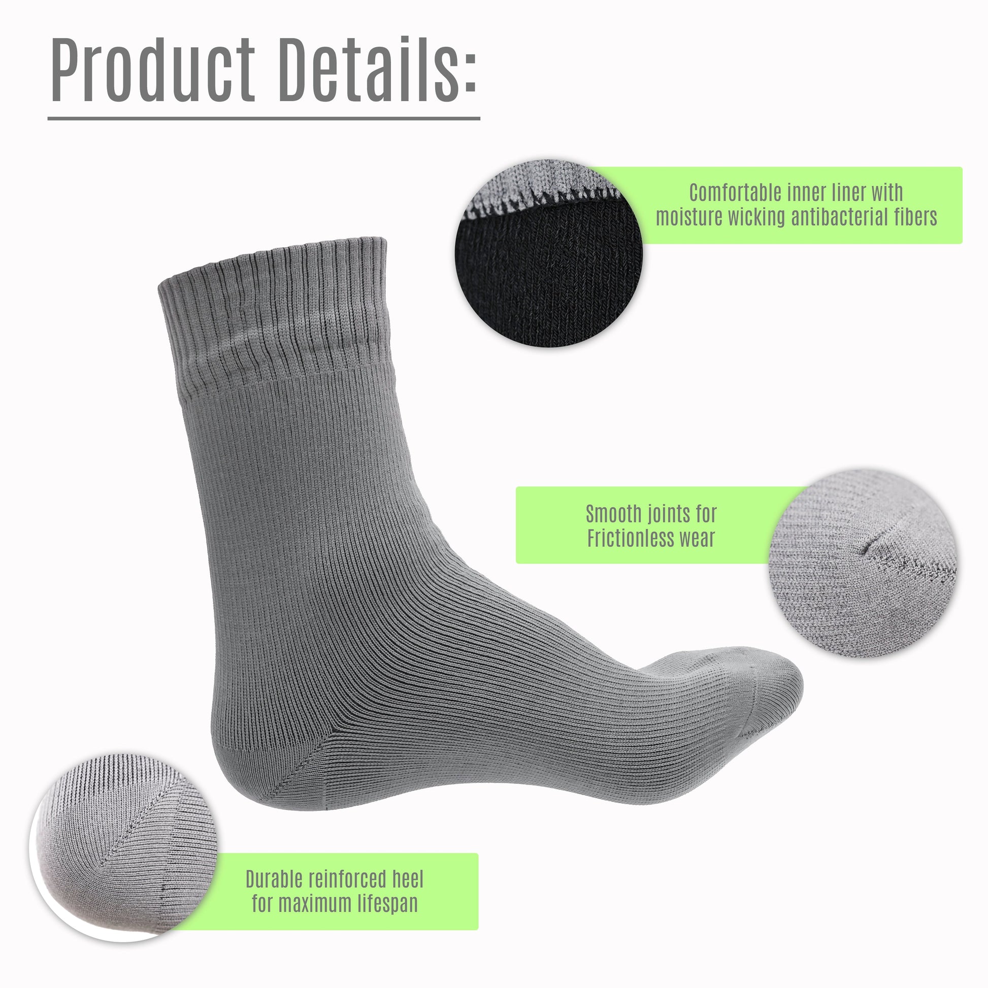 Pike Trail Waterproof Socks – Stay Dry, Stay Moving by Pike Trail shown in gray, with close-ups of moisture-wicking antibacterial liner, smooth joints for blister prevention, and reinforced heel for durability. Text details each feature.