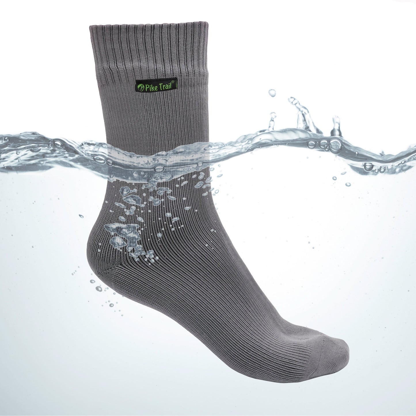 The Pike Trail Waterproof Socks – Stay Dry, Stay Moving are shown partially submerged in water on a white background, highlighting their blister protection and quick-drying features.