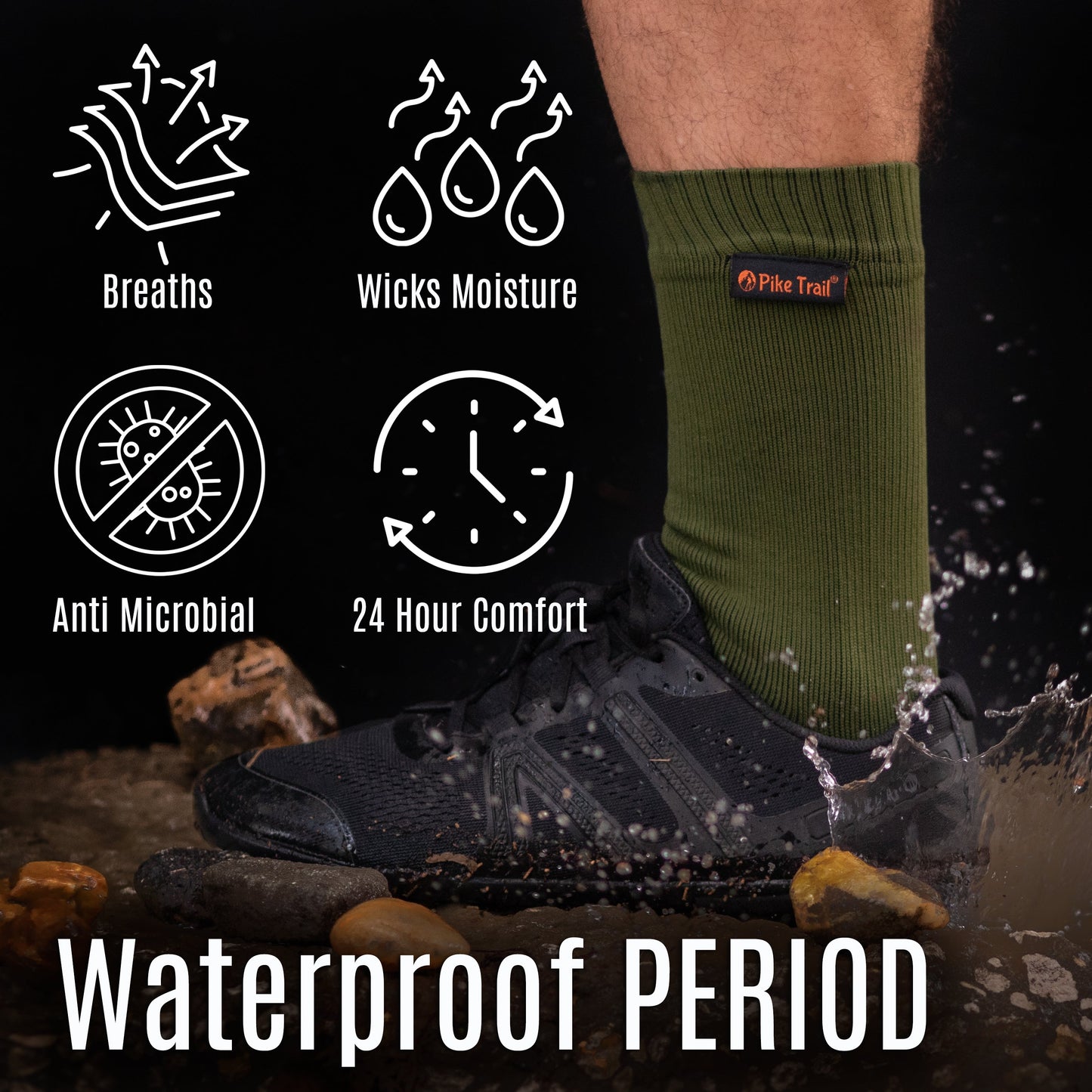 A person steps in water wearing Pike Trail Waterproof Socks – Stay Dry, Stay Moving by Pike Trail, shown in green with black shoes, as icons highlight breathability, moisture wicking, blister protection, 24-hour comfort, and waterproof features.