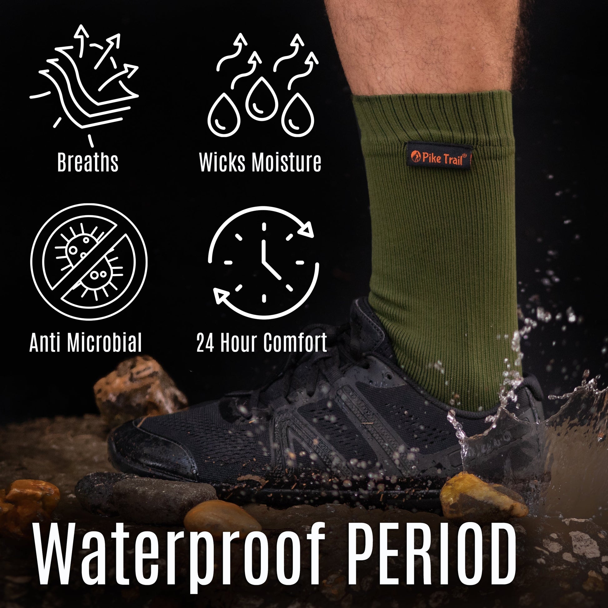A person steps in water wearing Pike Trail Waterproof Socks – Stay Dry, Stay Moving by Pike Trail, shown in green with black shoes, as icons highlight breathability, moisture wicking, blister protection, 24-hour comfort, and waterproof features.