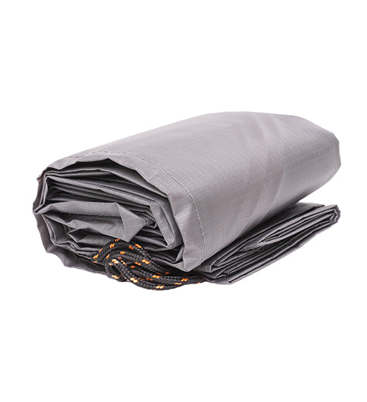 The Pike Trail Pocket Blanket—a compact, rugged, gray waterproof picnic blanket with black and orange accents and a visible drawstring—rests neatly folded on a white background.