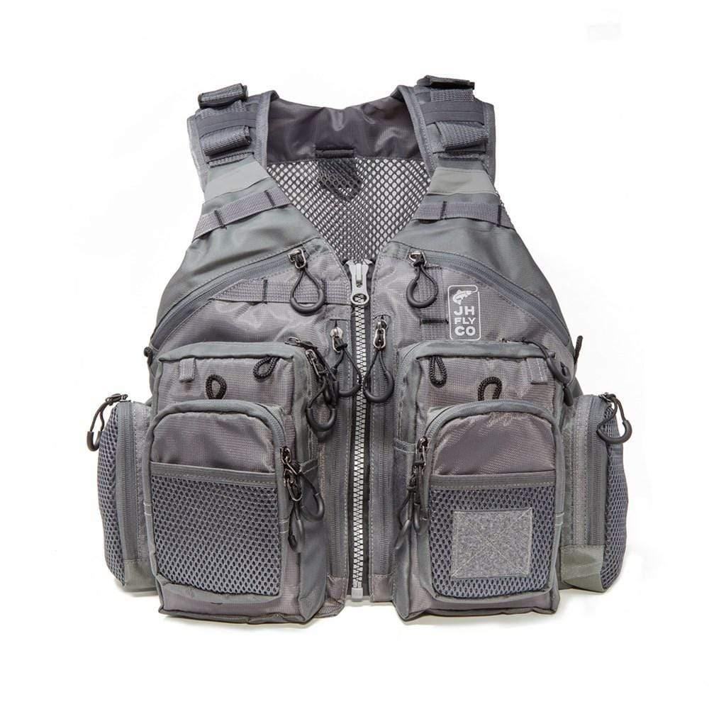 The JHFLYCO Adjustable Mesh Fishing Vest by Jackson Hole Fly Company features a gray design, multiple zippered pockets, breathable mesh panels, adjustable straps, various attachment loops, and a JH Co logo patch on the front.