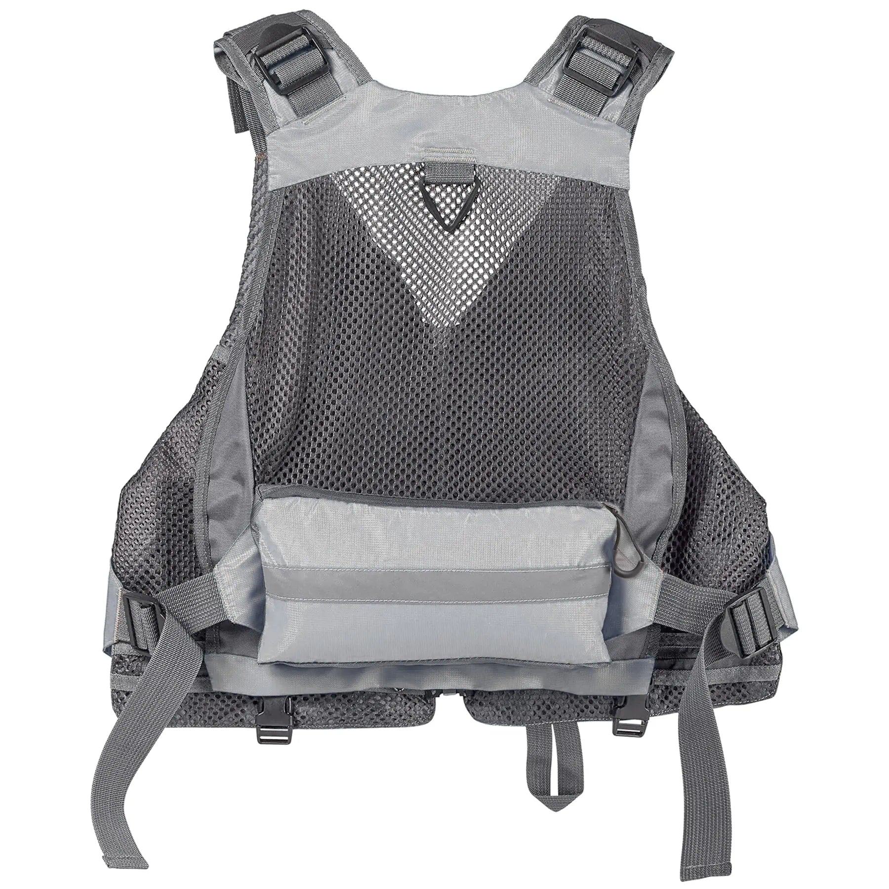 The JHFLYCO Adjustable Mesh Fishing Vest by Jackson Hole Fly Company features gray mesh, shoulder and waist straps, a front zippered pocket, and reinforced stitching—ideal for outdoor or tactical fishing use.