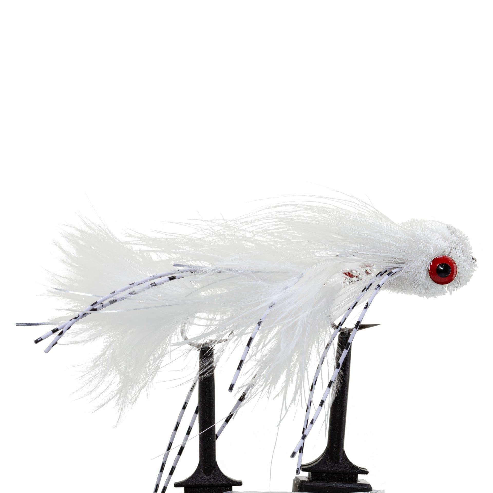 The Jackson Hole Fly Company JHFLYCO Loaded Foam Fly Box – Large Streamer Assortment (10 Flies) includes white articulated streamers with feathery, black-striped tails and bold red-black eyes, shown on a black stand against a white background.