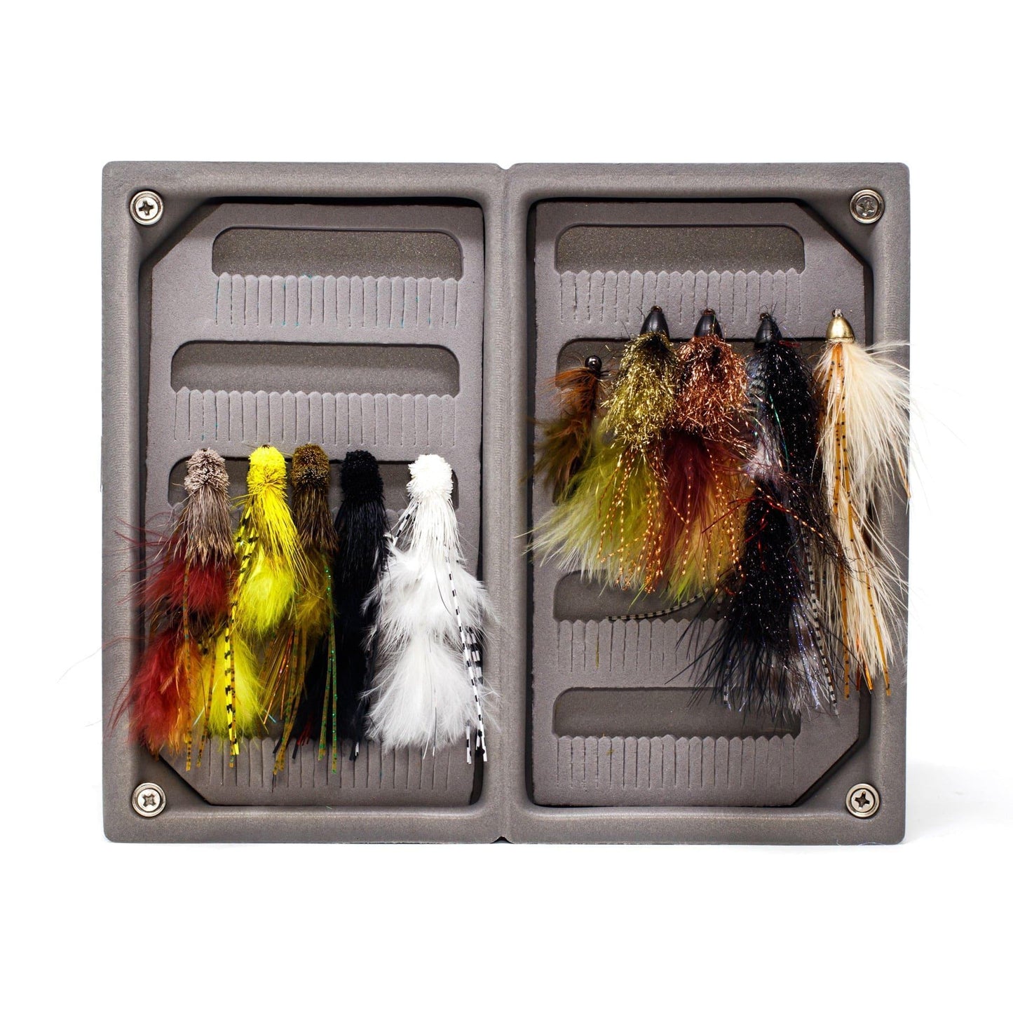 The Jackson Hole Fly Company JHFLYCO Loaded Foam Fly Box – Medium Streamer Assortment features a gray dual-sided box with colorful streamers and flies—yellow, black, white, brown, green—neatly organized for trout fishing.