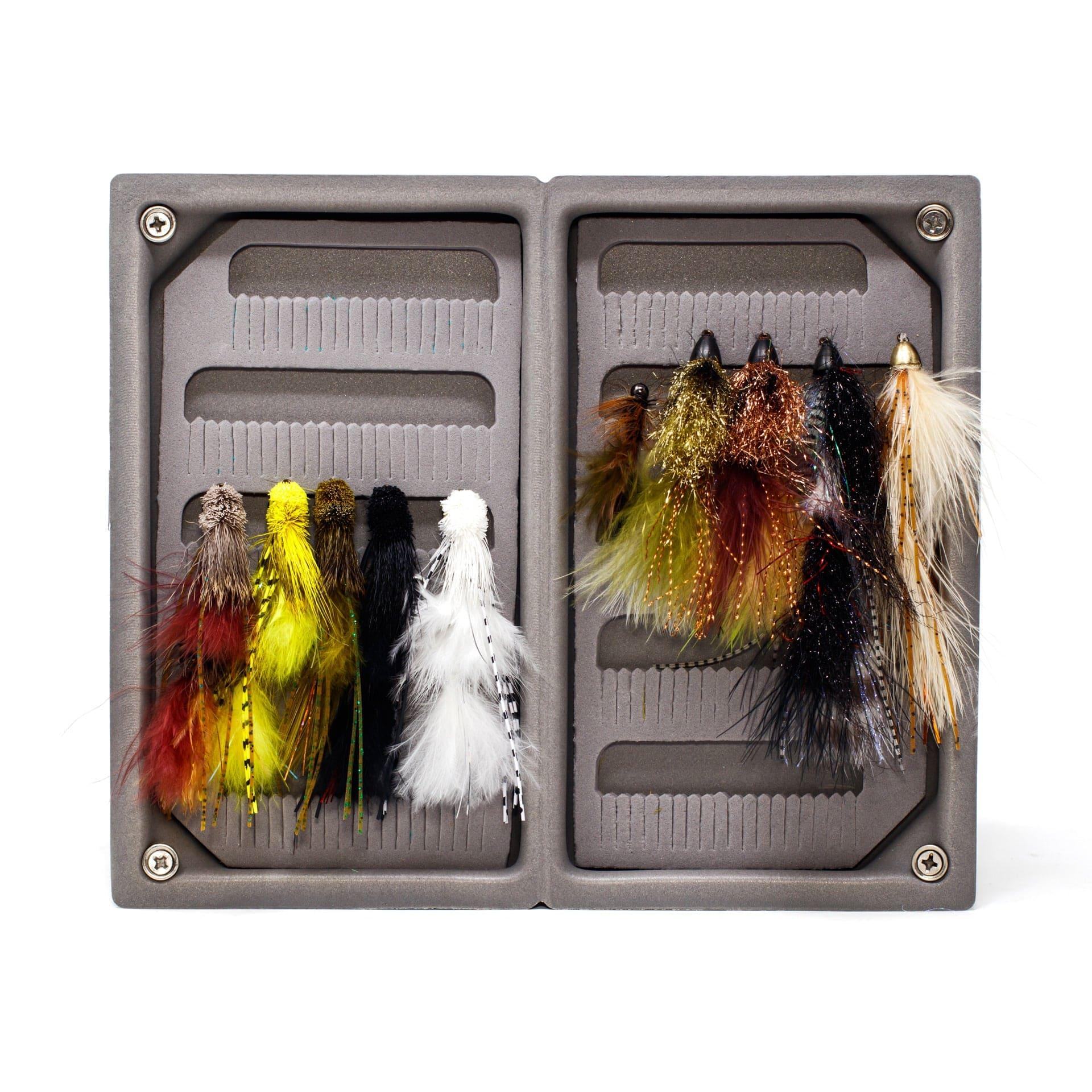 The Jackson Hole Fly Company JHFLYCO Loaded Foam Fly Box – Medium Streamer Assortment features a gray dual-sided box with colorful streamers and flies—yellow, black, white, brown, green—neatly organized for trout fishing.