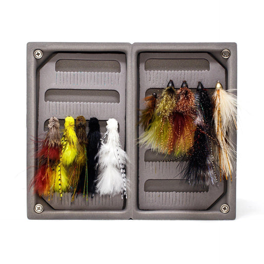 The Jackson Hole Fly Company JHFLYCO Loaded Foam Fly Box – Medium Streamer Assortment features a gray dual-sided box with colorful streamers and flies—yellow, black, white, brown, green—neatly organized for trout fishing.