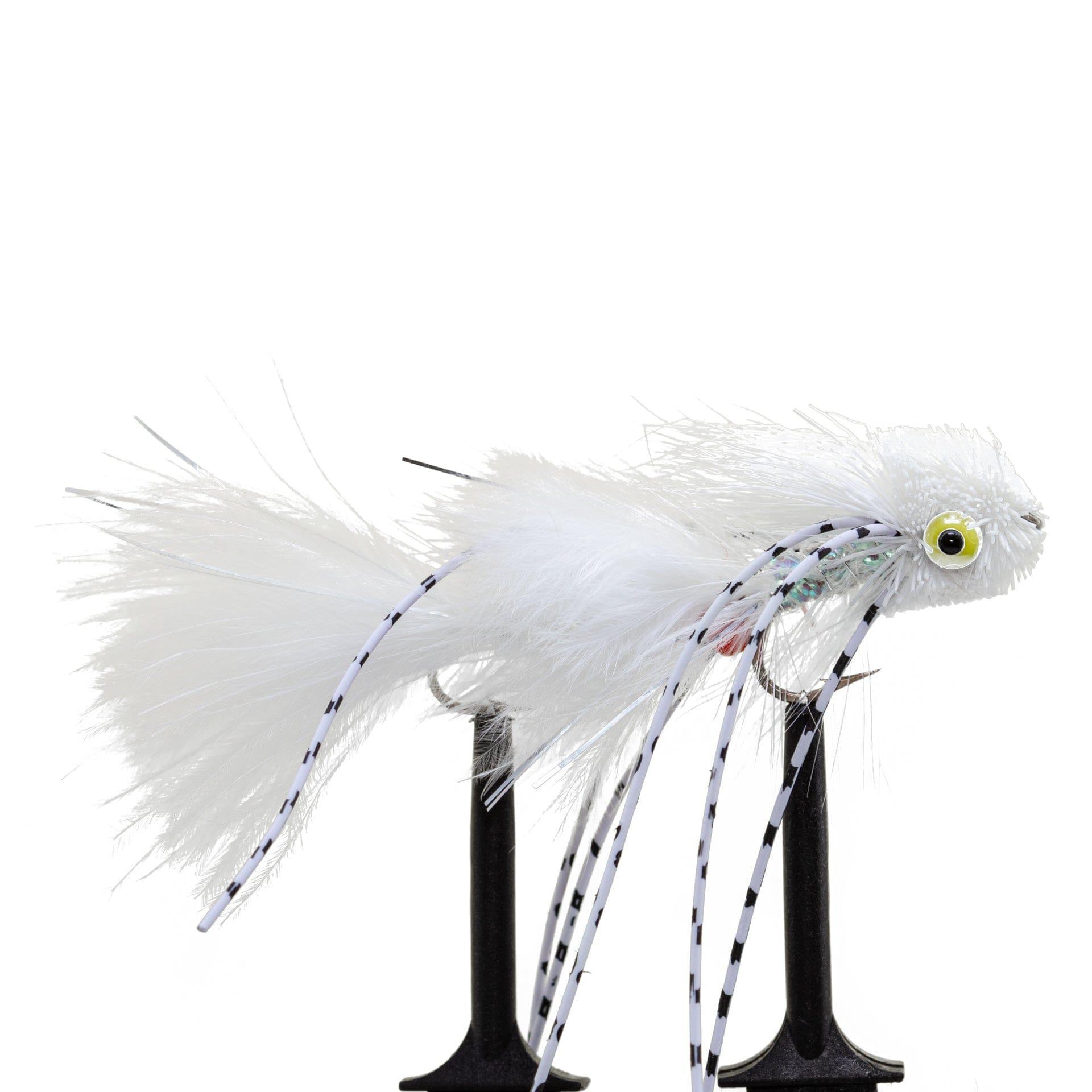 The Jackson Hole Fly Company JHFLYCO Loaded Foam Fly Box – Medium Streamer Assortment features white artificial flies with fluffy tails, rubber legs, and large yellow eyes—ideal for trout fishing—mounted on black stands against a white background.
