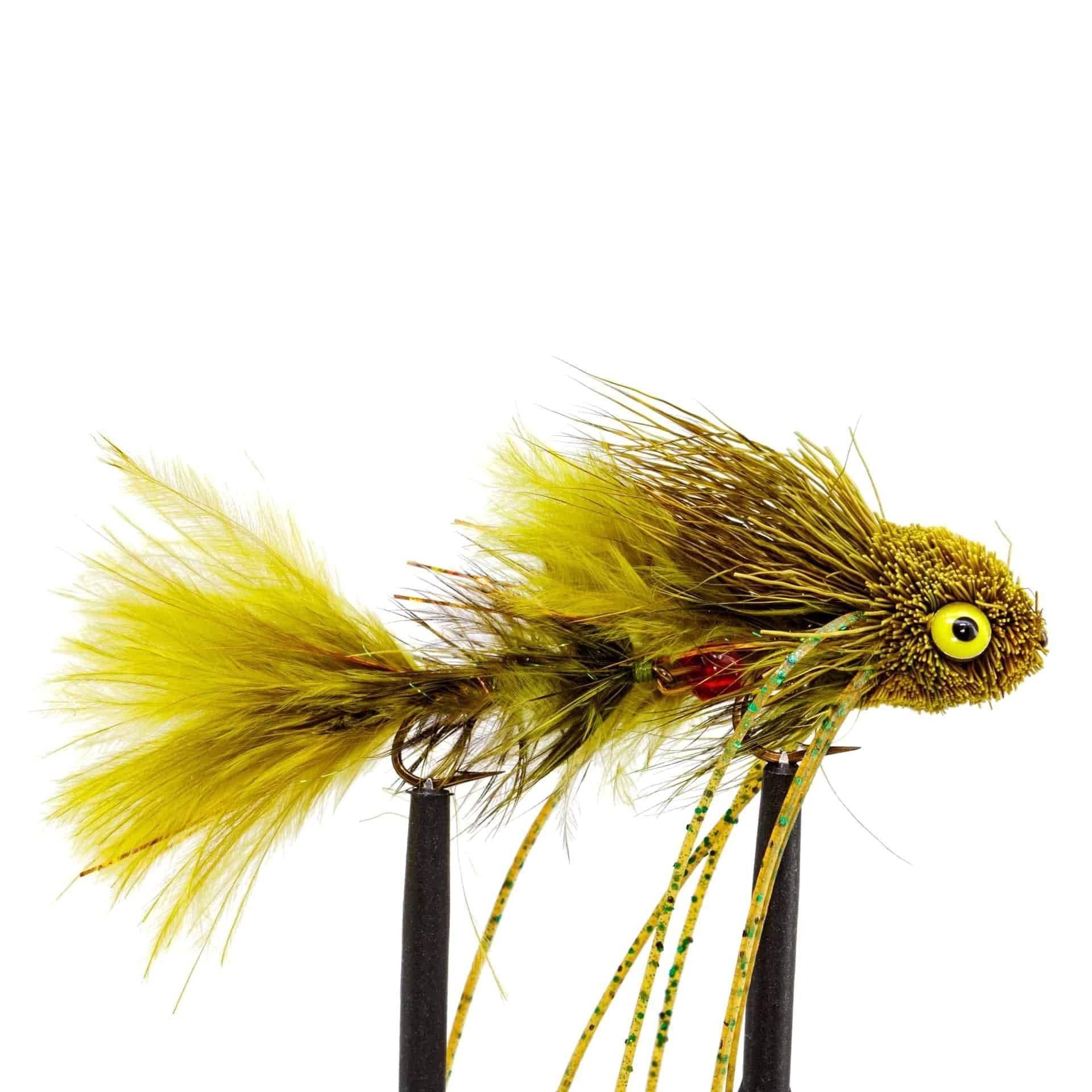 The Jackson Hole Fly Company JHFLYCO Loaded Foam Fly Box – Medium Streamer Assortment features realistic olive-green trout flies with bushy tails, fuzzy bodies, speckled rubber legs, and yellow-black eyes—ideal for your fly fishing collection.