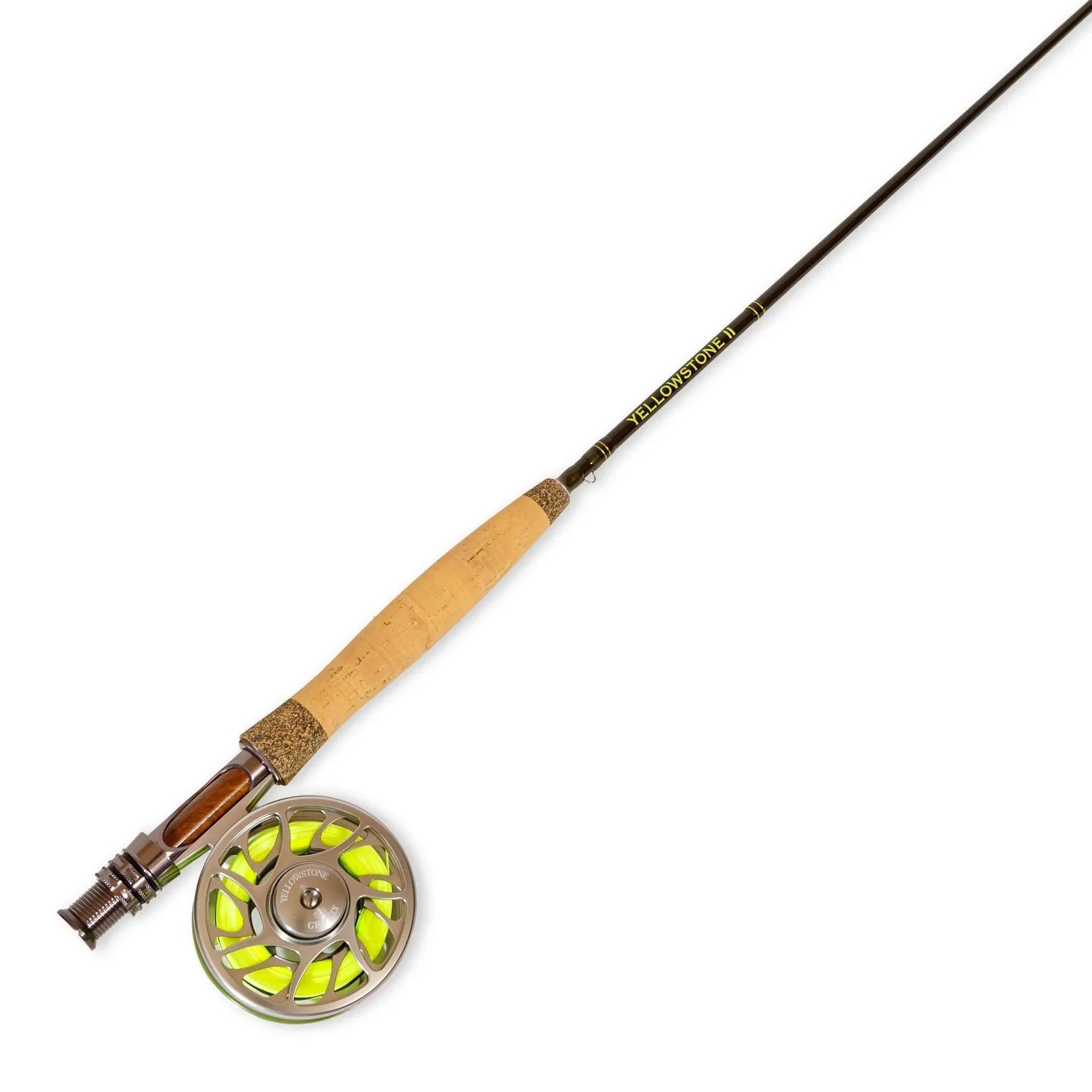 The Jackson Hole Fly Company JHFLYCO Backpacker Rod Combo Kit – 70 4WT Ultralight Precision features a cork handle, metal reel, and bright yellow line—perfect trout gear for backcountry fly fishing. Angled diagonally on a white background.