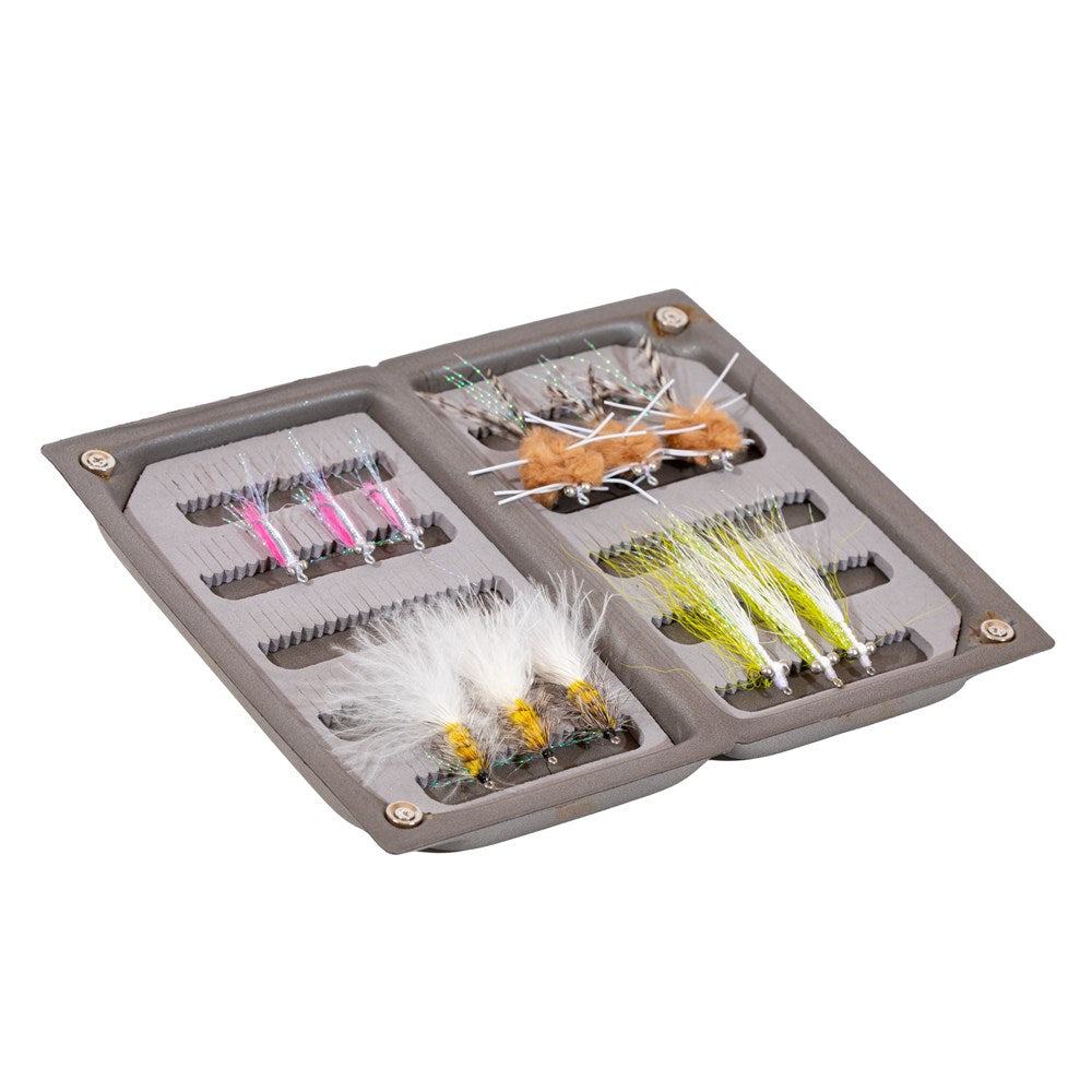 The JHFLYCO Bonefish Fly Box by Jackson Hole Fly Company comes preloaded with colorful, detailed saltwater fishing flies—white, yellow, green, brown, and pink—arranged in compartments for precision-ready use.