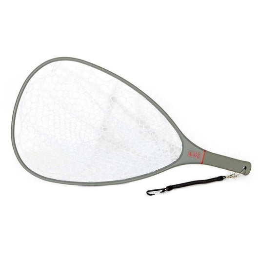 The JHFLYCO Carbon Fiber Landing Net by Jackson Hole Fly Company features a fish-safe gray handle, clear hex mesh, and a detachable black wrist strap—ideal for your next fly fishing adventure.
