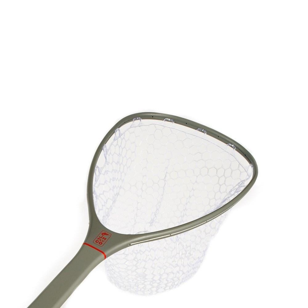 The JHFLYCO Carbon Fiber Landing Net by Jackson Hole Fly Company features a clear hexagonal fish-safe mesh and a light gray handle, shown against a white background.