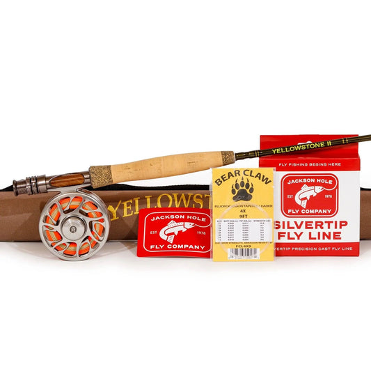 The Jackson Hole Fly Company JHFLYCO Euro Nymph Rod Combo Kit—featuring rod, reel, brown case, yellow fly line, and two red-and-white packages—is displayed together on a white background.