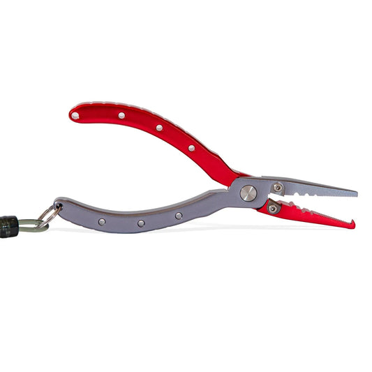 The Jackson Hole Fly Company JHFLYCO Fishing Pliers feature corrosion-resistant metal, grey jaws, a red curved handle with spring joint and lanyard attachment—perfect for durability in any environment.