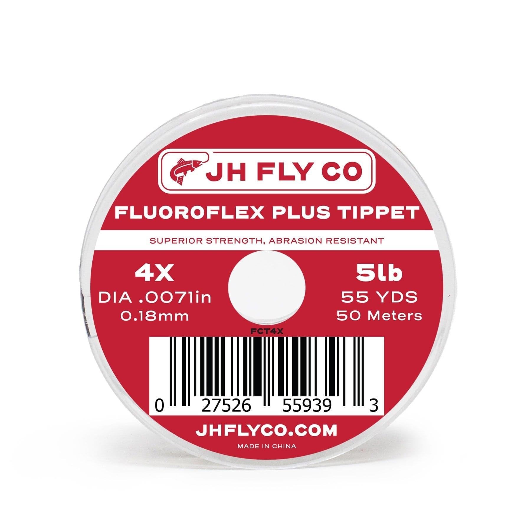The JHFLYCO Loaded Foam Fly Box – Hopper Dropper Assortment by Jackson Hole Fly Company includes 50m 4X Fluoroflex Tippet (5 lb, 0.18 mm), perfect for trout fishing—features a red and white spool with barcode and jhflyco.com.