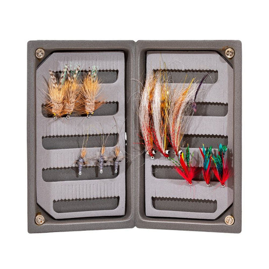 The Jackson Hole Fly Company JHFLYCO Loaded Foam Fly Box - Redfish Assortment displays neatly organized, colorful saltwater flies in foam slots on both sides of the case.