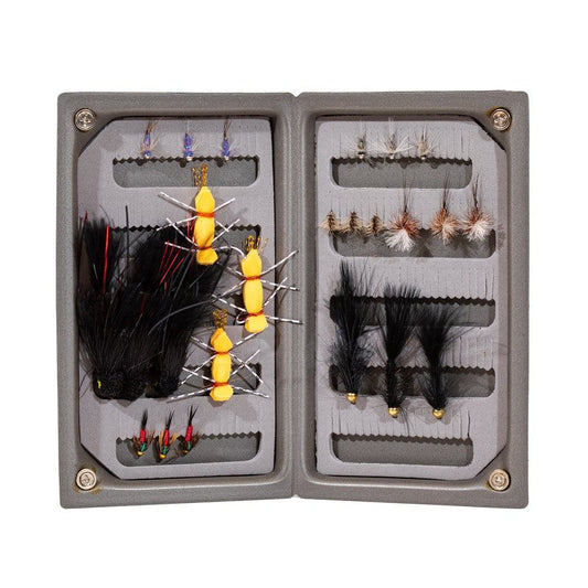 The JHFLYCO Snake River Guides Choice Fly Box by Jackson Hole Fly Company features assorted yellow, black, and brown trout flies with feather and foam bodies, all neatly arranged in a gray foam insert—ideal for Cutthroat Country angling.