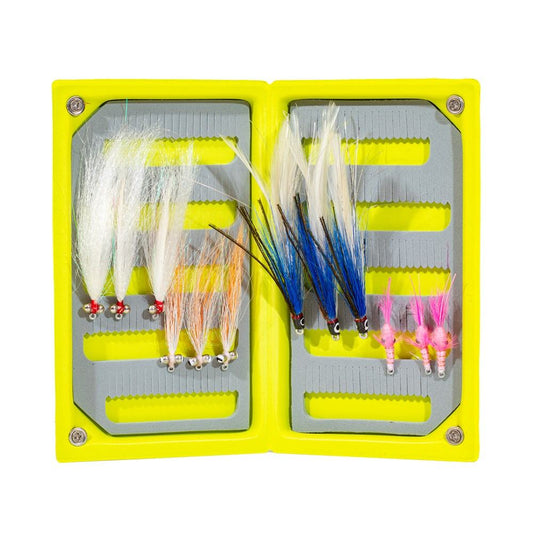 The Jackson Hole Fly Company JHFLYCO Snook Fly Box is preloaded and saltwater-ready, featuring strike-triggering flies in white, blue, black, and pink—neatly arranged in gray foam inserts for your fishing adventures.